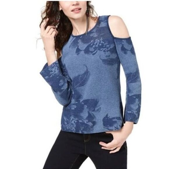 INC Womens Open Knit Cold Shoulder Blue Boho Top Size Large - Picture 1 of 16